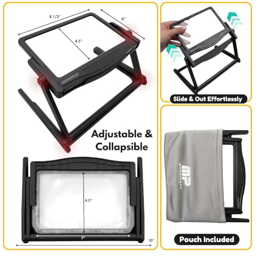 MAGNIPROS 5X LED Page Magnifying Glass, Detachable Stand, 3 Color Modes - color: Jet Black