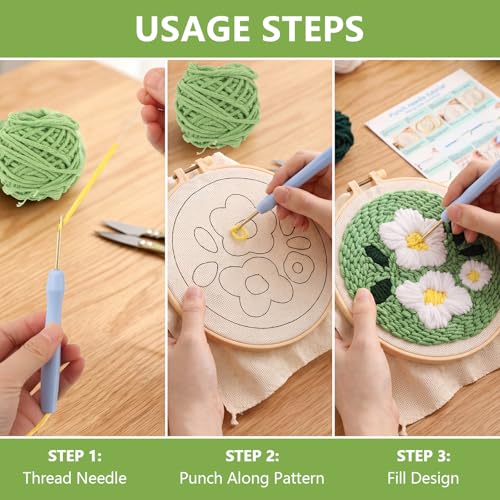 JITIERYALO Punch Needle Kit for Beginners, Green Floral Embroidery Starter Set with Hoop 20x20cm, Patterned Fabric, Punch Needle and Yarn for Adults Festival Gift and Decoration