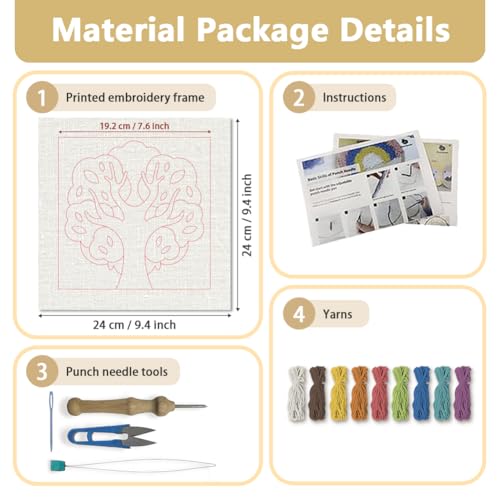 Doodlream Colorful Tree DIY Punch Needle Embroidery Kit for Adult Beginner, 9.4" Multicolored Tree Punch Stitching Craft Set for Starter with Frame, Fabric Pattern, Threader, Yarn, Pinch Needle - color: Colorful Tree