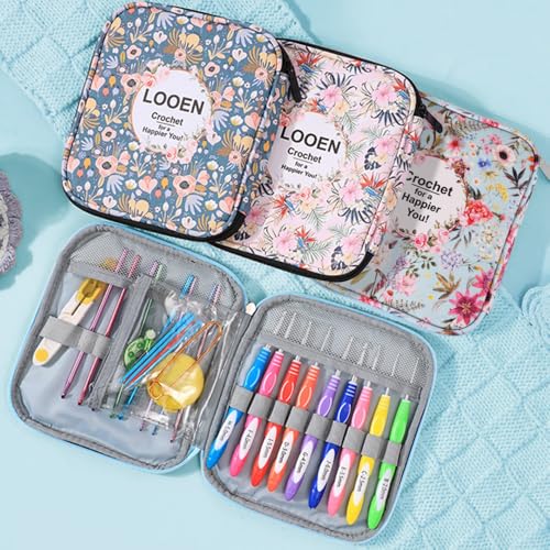 Crochet Hook Case,Portable Zipper Storage Organizer Bag for Crochet Hooks, Knitting Needles, Project & Sewing Supplies, Lightweight,Easy to Hold (No Accessories Included).Blue Summer Flower - color: blue summer flower