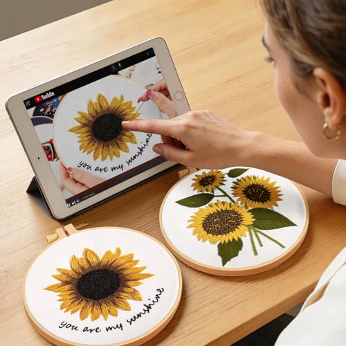 Sunflower Embroidery Kits for Beginners Adults, Floral Hand Embroidery Set Needlepoint Kits, Stamped Cross Stitch Kits for Beginners Adults, 2 Embroidery Hoops, Fabric, Thread(Attached Video Tutorial) - color: Yellow, size: 8inch