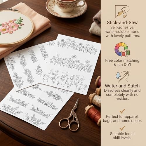 Water Soluble Embroidery Patterns 3 Sheets Stick and Stitch Stabilizer with Pre Printed Floral Flower Leave Designs for Hand Sewing