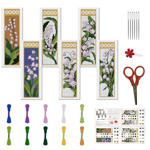 FREEBLOSS 6 Set Cross Stitch Bookmark Kits 11CT 8"x2.4" Lily of The Valley - style: Lily of the Valley