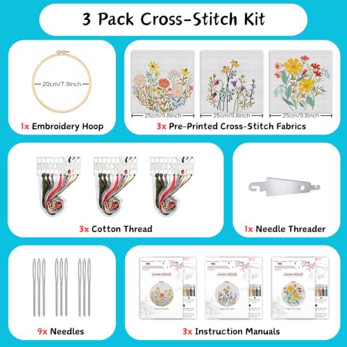 3 Pack Stamped Cross Stitch Kits for Beginners-Wild Flowers,with Hoop - color: Wild Flowers-2607