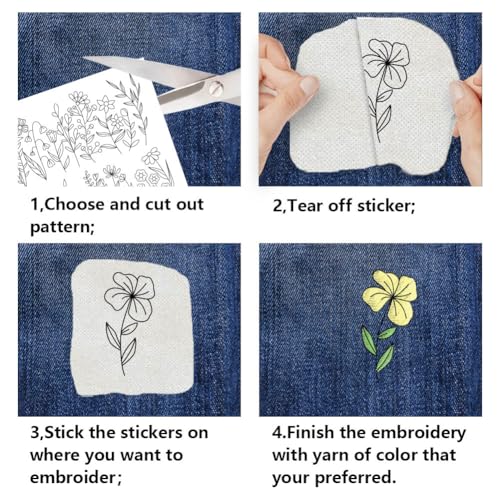 INFUNLY 12pcs Wildflower Water Soluble Embroidery Stabilizer 4 Sheets Self Adhesive Washable Stabilizer with Pre-Printed Spring Plant Hand Sewing Stabilizer for Embroidery Stick Stitch Transfer Paper