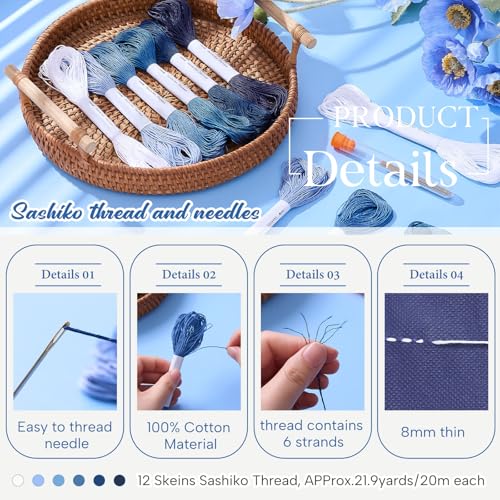 Zeyune 12 Pcs Sashiko Thread Kit with Needles, Blue, 100% Cotton 20m Each - color: Blue