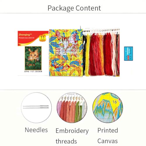 Zhenqing Orange Cat Stamped Cross Stitch Kit for Beginners, 11CT Printed Full Coverage Ginger Kitten in Green Leaves Pattern, 28 x 38 cm DIY Animal Embroidery Needlework Set, No Hoop Needed - color: Hidden Garden Cat