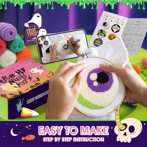 yuegool 6PCS Halloween Punch Needle Coasters Kit – Easy DIY Embroidery Kit for Beginners, Adults & Kids | Includes Patterns, Tools, Yarns, Hoop, Instructions, Coaster Holder - color: Enchanted Oddities, size: 4-inch diameter