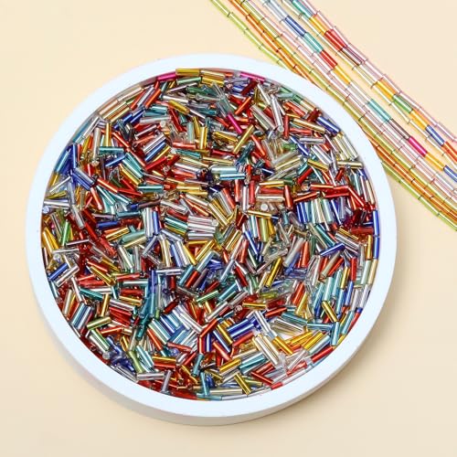 4200pcs Glass Bugle Beads, Mini Long Tube Seed Beads Bulk, Tiny Small Loose Spacer Embroidery Beaded for Bracelets Jewelry Making Sewing, Crafts, Christmas Ornaments, 2×6mm, Light Green - color: Light green
