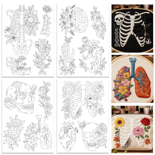 ORIGACH 4 Sheets Water Soluble Embroidery Patterns Stabilizers - Pre-Printed Skeleton, Skull, Organs & Floral Designs - Stick & Stitch Embroidery Paper for Hand Sewing Lovers - color: Skeleton Skull Organs & Floral