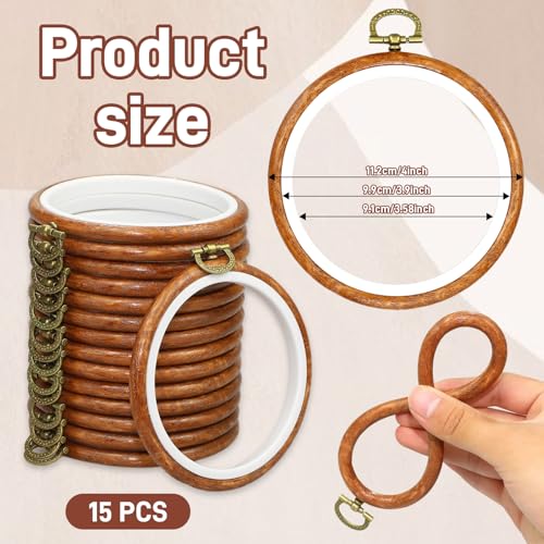 YICO 15 Pieces 3.6 Inch Round Embroidery Hoop Set, Imitated Wood Grain