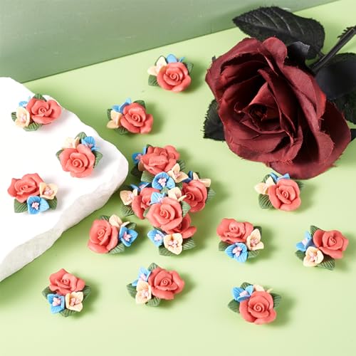 Beadthoven 50pcs Flatback Rose Flower Handmade Porcelain Cabochons Colorful Floral Bouquet Clay Beads Charms No Hole for Gluing DIY Jewelry Making Supplies Stud Earring Embellishment - color: 0Rose#21~24mm