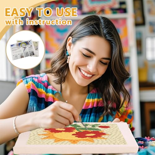Doodlream Flowers and Sun DIY Punch Needle Embroidery Kit for Adult Beginner, 9.4" Punch Stitching Craft Set for Starter with Frame, Fabric Pattern, Threader, Yarn, Pinch Needle - color: Flowers and Sun