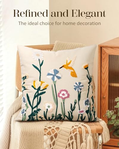 Embroidered Throw Pillow Cover 18x18 Inch, Flower Bird - color: Flower Bird, size: 18" x 18" (Pack of 1)