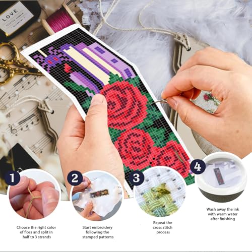INFUNLY 6pcs Gothic Rose Cross Stitch Bookmark Kits for Adults Bat Skull DIY Cross Stitch Kit with Instructions Pre-Printed Moon Flowers Stamped Embroidery Bookmark Kit for Book Lovers Readers Gift - style: Gothic Rose