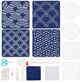 4 Set Sashiko Embroidery Coasters Kit Wave Theme Japanese Traditional Embroidery Sewing Kit for Beginners Starter Embroidery Coasters for Housewarming Gift with Instructions - style: Wave Sashiko Coaster
