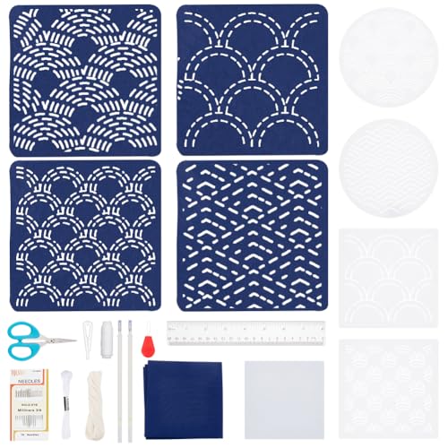 4 Set Sashiko Embroidery Coasters Kit Wave Theme Japanese Traditional Embroidery Sewing Kit for Beginners Starter Embroidery Coasters for Housewarming Gift with Instructions - style: Wave Sashiko Coaster