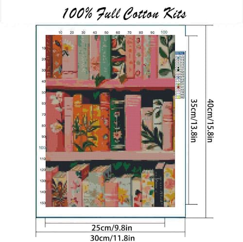 Bookshelf Cross Stitch Kits, Embroidery Starter Kit for Adult Beginners, 11CT Cross-Stitch Patterns Dimensions Kit Arts，Needlepoint Kit Crafts for Home Decor 15.7x11.8 inch - color: T007