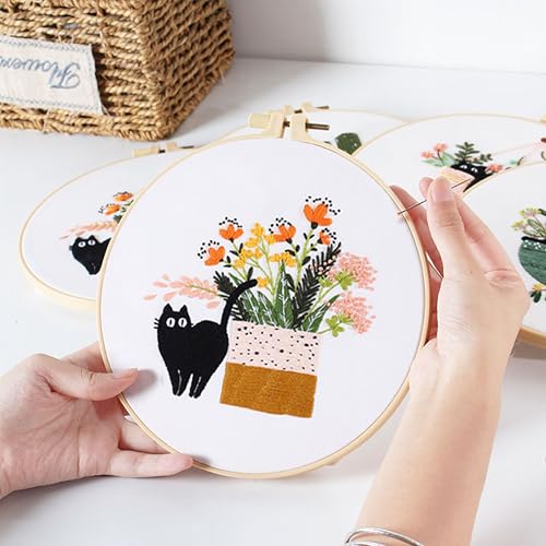 KEKEMEOW 3 Sets Embroidery Kit for Beginners, Stitches with Black Cat and Flowers, Embroidery Stitch Practice kit for Adults Craft Lover, Needlepoint Hand Embroidery Kit with Pattern、Instruction、Hoop - color: Cat&Flower