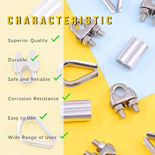 Swpeet 24Pcs M6 (1/4") Wire Rope Accessory Set, Included M6 Wire Rope Cable Clip Clamp, M6 Stainless Steel Thimble, 6mm Aluminum Crimping Loop Sleeve Perfect for 1/8 inch Wire Rope Cable (M6) - size: M6