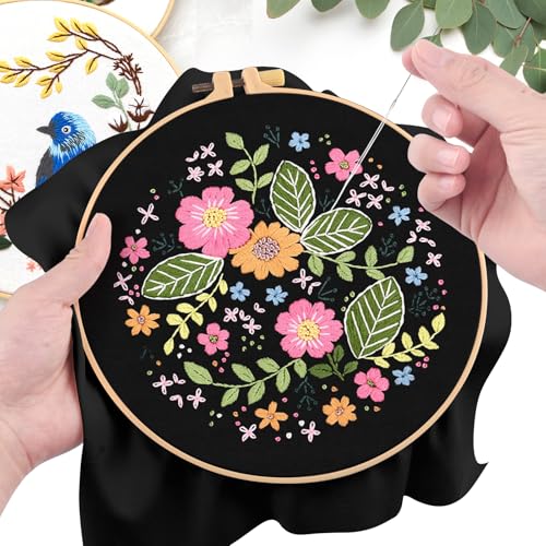 ERKOON 4 Sets Embroidery Kit, Floral Cross Stitch Set for Include Embroidery Cloth Hoops Threads for Craft Lover Hand Stitch(Floral) - color: Floral