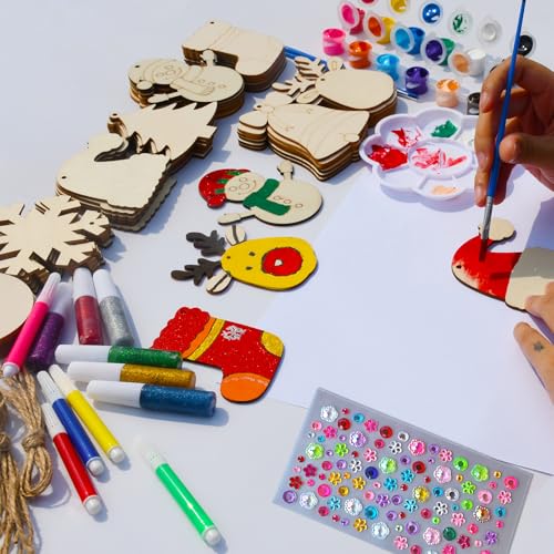 Christmas Craft Painting Kits, 48pcs Wooden Christmas Ornaments, Unfinished Paintable Blank Wood Slice with 8 Styles & Crafts Making Supplies, DIY Xmas Tree Decor Art Activity for Family Fun