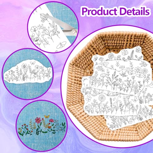 ORIGACH 4 Sheets 12 Pcs Water Soluble Embroidery Patterns Stabilizers - Pre-Printed Wildflowers & Flowering Shrubs Designs - Stick & Stitch Embroidery Paper for Hand Sewing Lovers - color: Wildflowers & Flowering Shrubs