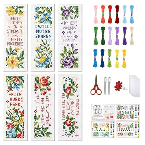FREEBLOSS 6 Set Cross Stitch Bookmark Kits Flowers 8 * 2.4inch - style: Floral Text