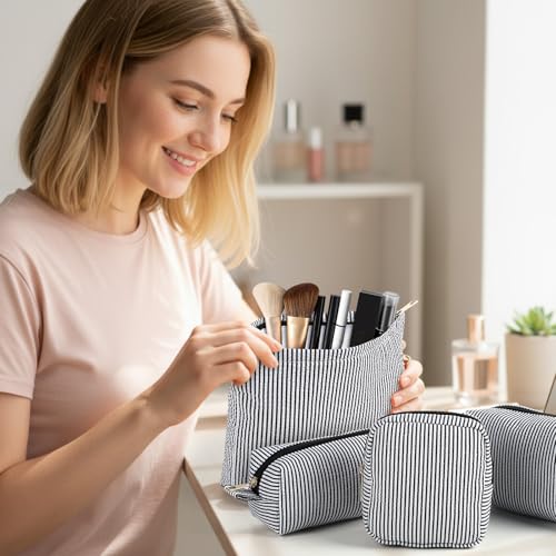 Sanwuta 4 Pcs Seersucker Pouch Striped Makeup Bag Set, Black - color: Black
