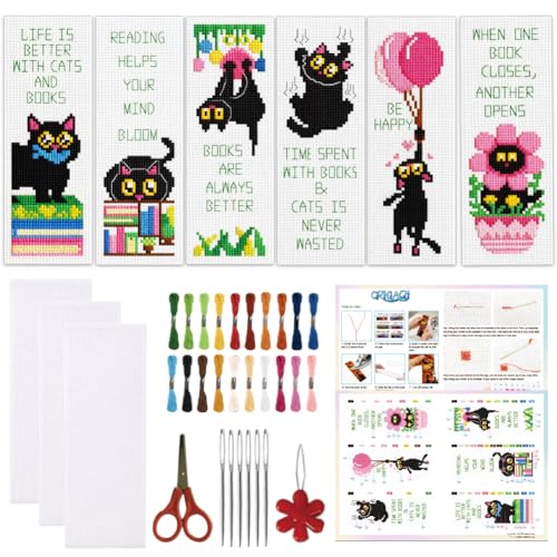 ORIGACH 6 Pack Black Cat & Inspirational Quotes Cross Stitch Kit - style: Black Cats & Quotes