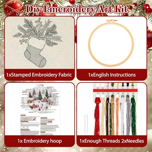 RUIQLXHANG Christmas Embroidery Kit, Christmas Gnomes Embroidery Kits for Beginners with Pattern, Cotton Threads, Needles, Instruction, 20cm Hoop, Gift for Mom, Grandma (Stocking Stuffer) - color: Stocking Stuffer