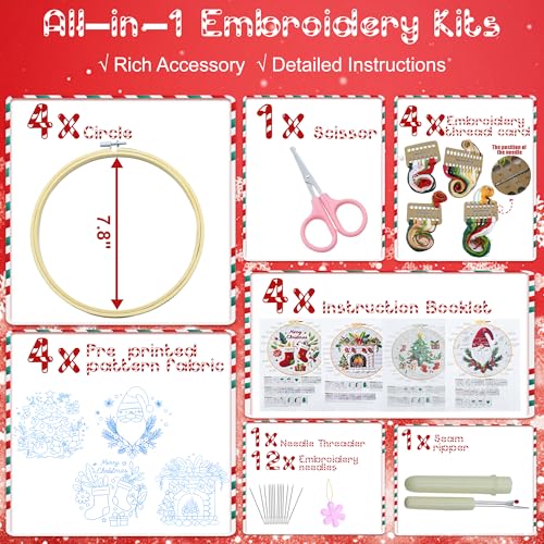 QCCTPUU 4 Sets Christmas Embroidery Kits, Beginner Embroidery Kit for Adults, Cross Stitch Kits for Beginners with Hand Embroidery Tools(Instructions, Needles, Threads - color: 4 Set Christmas
