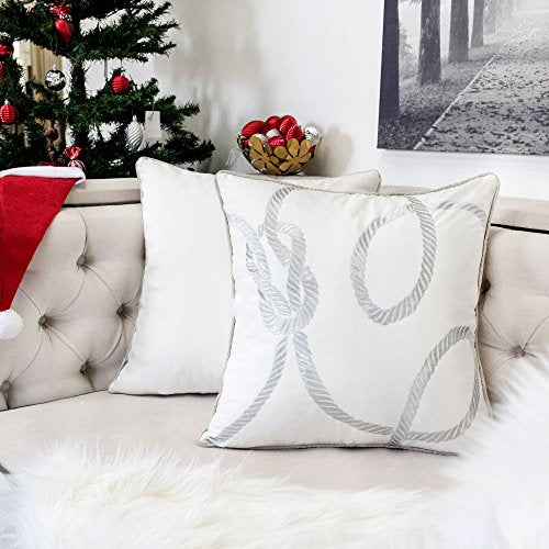 Embroidery White Velvet Throw Pillow Cover, Merry Christmas Series Gift Knot Luxury Soft Fuzzy Cozy Warm Slik Gift Square Couch Cushion Pillow Case 20 x 20 Inch, Cover Only - color: U5-gift Knot White