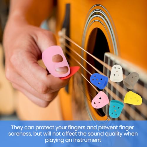 38 pcs Guitar Fingertip Protectors, 5 Sizes Silicone Breathable, Flexible Thimble Finger Pads Grips and 8 Guitar Picks, for Beginner Playing, Ukulele, Banjo, Mandolin