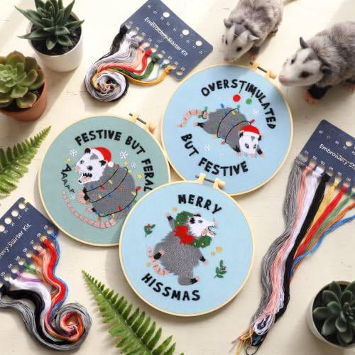 Mindsoft 3 Set Needlepoint Kit for Beginners with Hoop,Christmas Possum - style: Christmas Possum