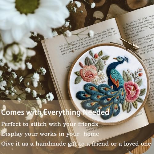 FONNUY Flower Peacock Embroidery Kit for Beginners, Cross Stitch Kits for Adults, Handmade Crafts with Printed Pattern Set, Color Thread Needlework, 8'' Hoop (Peerless Peacock) - color: Peerless Peacock