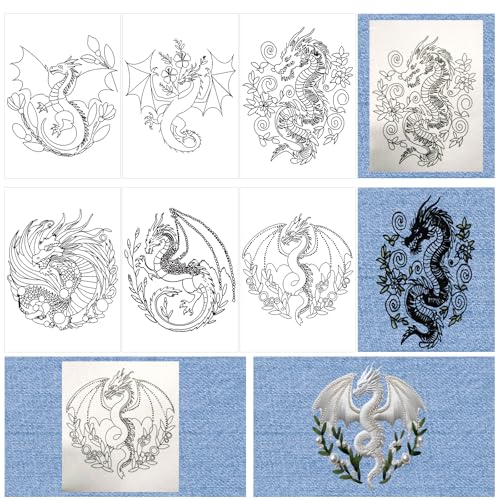 Rngmsi Water Soluble Embroidery Patterns - 6 Sheets Dragon Theme Stick and Stitch Embroidery Paper Designs, Fantastic Dragon Wash Away Transfer Paper Stabilizers for Hand Sewing Lovers
