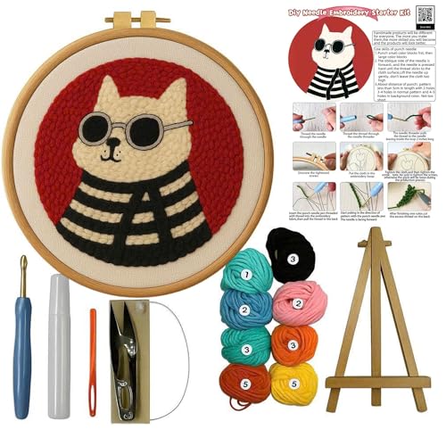 CELCRAFTIQUE Punch Needle Kits for Adults Beginner, Tool with Punch Needle Fabric, Hoops, Yarns and Sewing Needles (Style 4) - color: Retro Cat