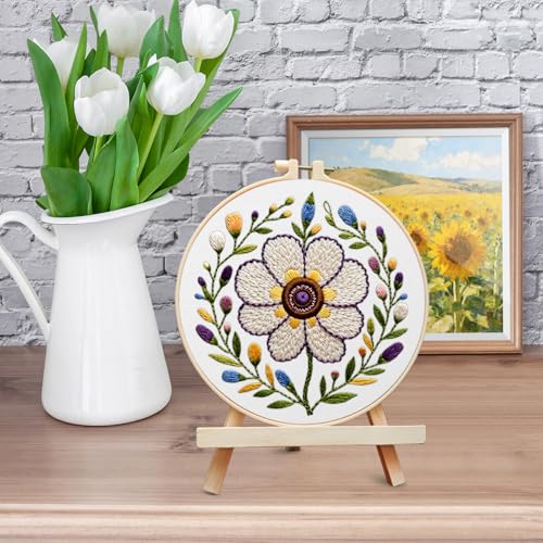 ERKOON Embroidery Kit for Beginners Adult, Cross Stitch Set Include Embroidery Cloth Hoop Threads for Craft Lover Hand Stitch with Embroidery Skill Techniques (Flower) - color: Flower
