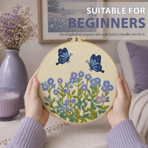 ElasignShopo Flower Embroidery Kit for Beginners Adults, Easy Cross Stitch Kit Forget Me Not Floral Pattern Embroidery Starter Kits Spring Summer with Wooden Hoop Needles Threads and Instruction - color: Forget Me Not Floral
