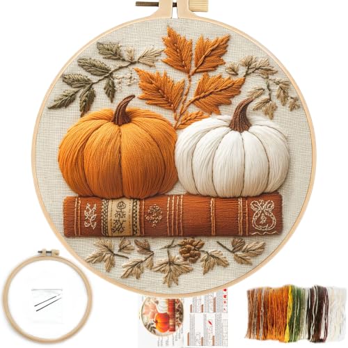 FONNUY Pumpkin Embroidery Kit for Beginners, Pre-Stamped Pattern Kits for Adults with Hoop, Easy to Follow Color Thread Needlework, 8'' Hoop (White) - color: White