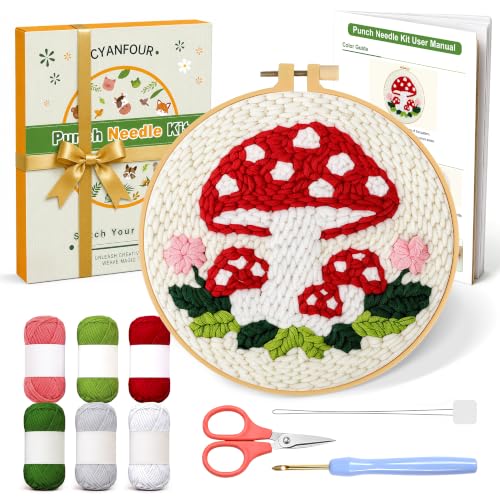 CYANFOUR Punch Needle Kit for Beginners, Mushroom Punch Needle Kits Adults, Craft Kits for Adults with 2 Pre-Printed Fabrics, Embroidery Hoop, Threads, DIY Gift and Home Decor 20 * 20cm - color: Mushroom