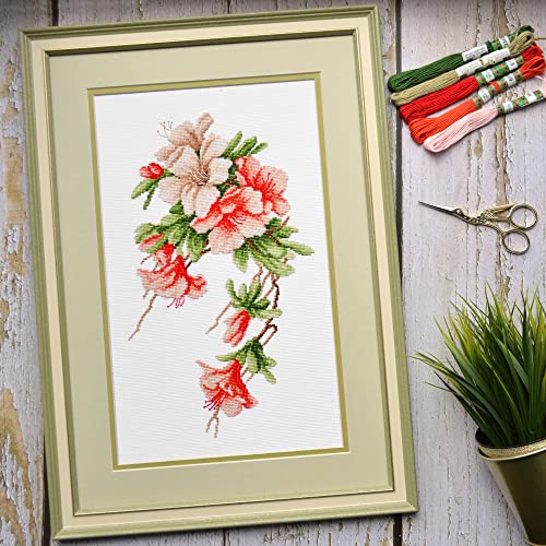 Povitrulya Azalea Embroidery Kit - DIY Flower Counted Cross Stitch Set with Pre-Sorted Floss, Paper Pattern and Banked 16 Count Aida Cloth - color: Azalea
