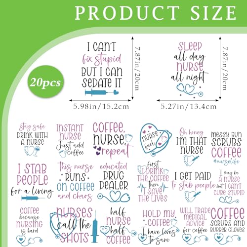 Dazoratix Nurse Iron on Patches - 20 Sheets Funny Coffee Quotes DTF Transfers Ready to Press Heat Stickers Vinyl Decals T Shirts Clothing Pillow Bag Hat Appreciation Week Gifts DIY Crafts Decorations - style: Funny Nurse