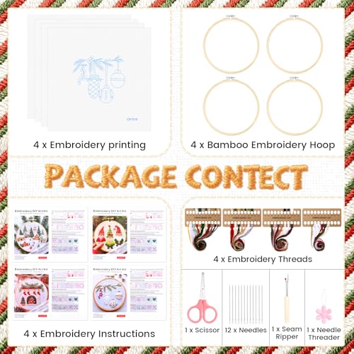 Christmas Embroidery Kit for Adults and Beginners, Christmas Gnomes Embroidery Kits Cross Stitch Kits with Pattern, Cotton, Threads, Needles & Instruction (4Pcs D) - color: 4 Pcs, Stocking+Fireplace+Nativity Manger+Holly