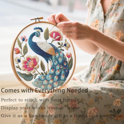FONNUY Flower Peacock Embroidery Kit for Beginners, Cross Stitch Kits for Adults, Handmade Crafts with Printed Pattern Set, Color Thread Needlework, 8'' Hoop (Dignified Peacock) - color: Dignified Peacock