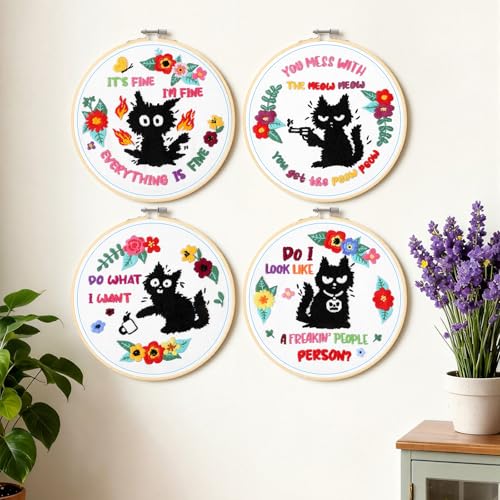 Rivvlive 4 Sets Cat Embroidery Kit with Hoop, Needlepoint Crafts Set - style: Cat