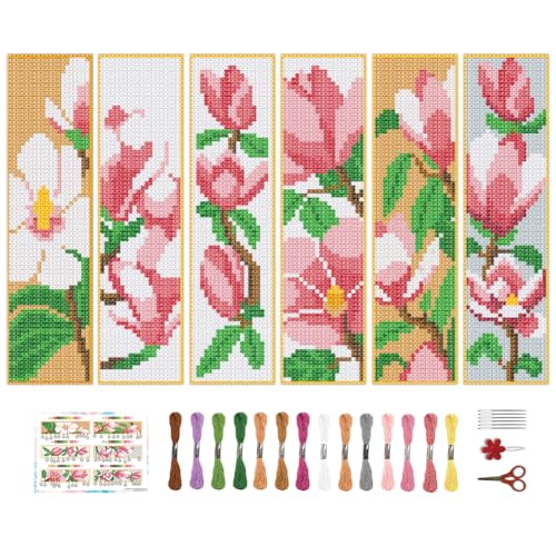 BEUNITONE 6 Pcs Flower Cross Stitch Bookmark Kits for Beginners Magnolia DIY Stamped Cross Stitch Kit Vintage Floral Embroidery Kit with Instruction for Craft Book Lover Reader Writer 8''x2.4'' - style: Magnolia