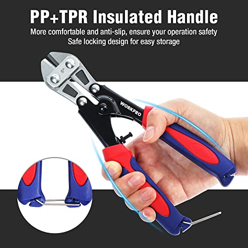 WORKPRO Mini Bolt Cutter 8-inch, Spring Loaded Small Heavy Duty Wire Cable Cutter, Snips Clippers with Soft Anti-Slip Handle - size: 8-inch/210mm, style: Bolt Cutter