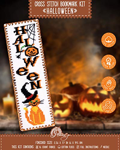 Povitrulya Halloween Cross Stitch Bookmark Kit 'Red Cat in Witch Hat' - color: Red Cat in Witch Hat